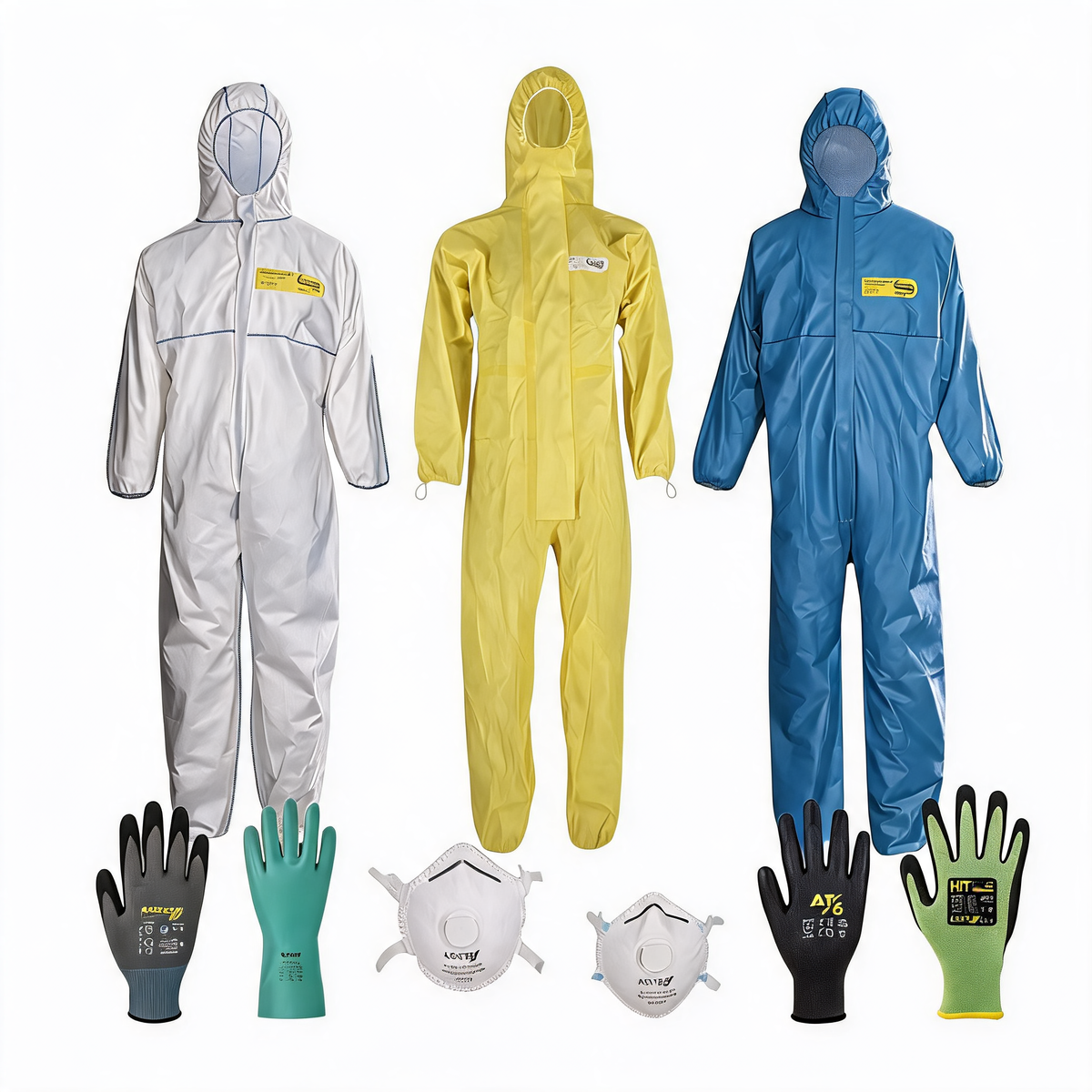 Einweg-Schutzanzüge, Atemschutzmasken und Handschuhe